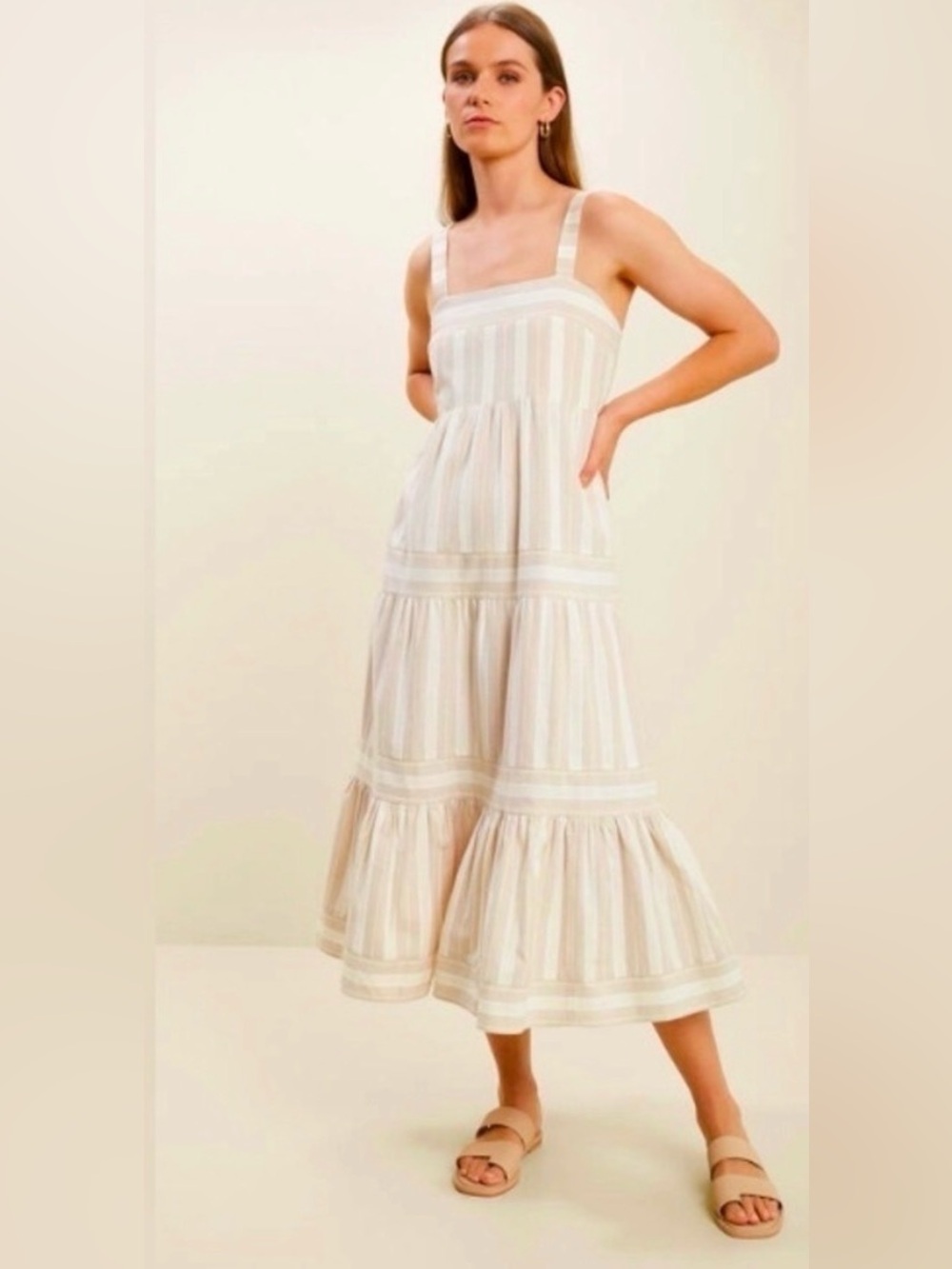Seed Heritage Stripe Midi Dress | Linen Cotton Blend | Oatmeal Cream | Size 14